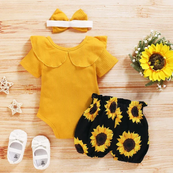 Lioraitiin 0-24M Newborn Infant Baby Girl Clothing Set Short Sleeve Yellow Solid Romper Top Sumflower Printed Shorts 3Pcs Outfit - Image 3