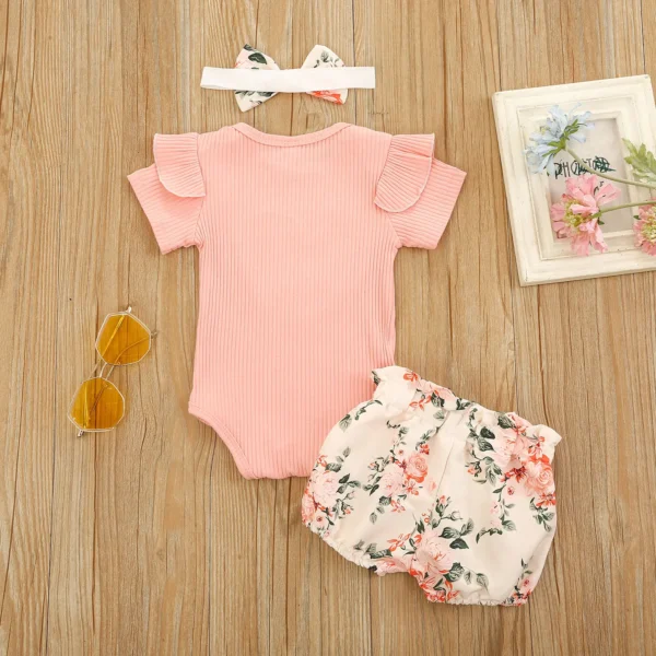 Citgeett Summer Baby Girl Clothes Set Ruffle Short Sleeve Knit Romper + Floral Shorts + Headband Sweet Set - Image 5
