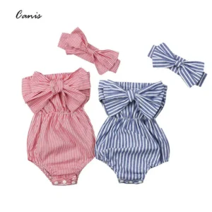 Citgeett Summer Newborn Baby Girls Off Shoulder Striped Bodysuit Jumpsuit Outfit Bowknot Cute Clothing