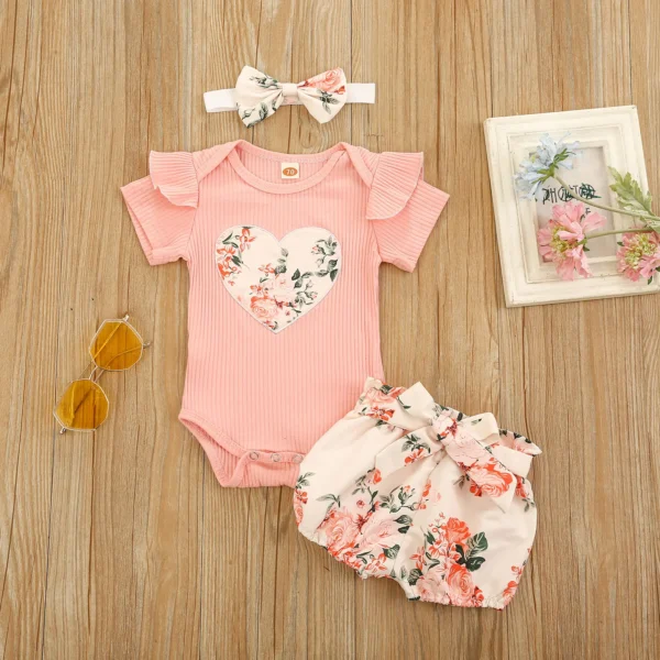 Citgeett Summer Baby Girl Clothes Set Ruffle Short Sleeve Knit Romper + Floral Shorts + Headband Sweet Set - Image 2