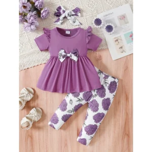 0-3 Years Baby Girl 3PCS Clothes Set Purple Short Sleeved Top+Floral Pants+Headband Fashion Toddler Girl Summer Daily Outfits