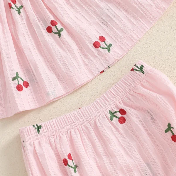 Newborn Baby Girl Clothes Set Cherry Print Smocked Fly Sleeve Babydoll Tops Elastic Waist Ruffle Shorts 2 Piece Summer Outfit - Image 5