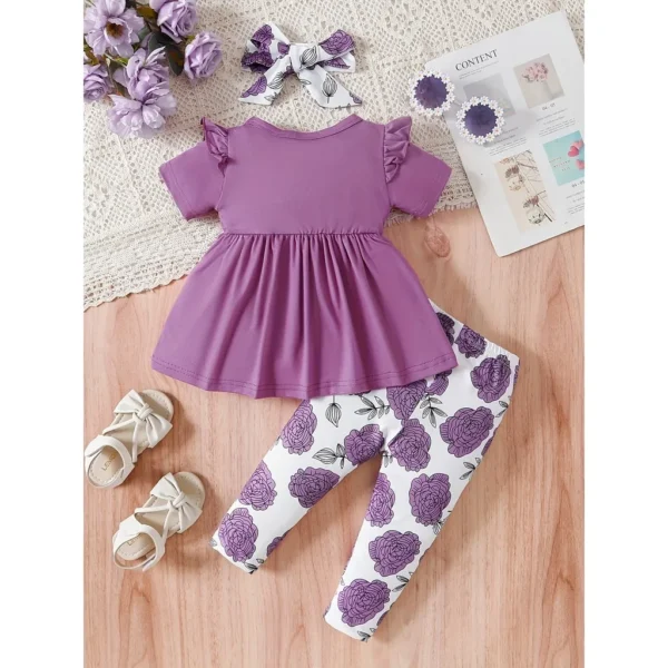 0-3 Years Baby Girl 3PCS Clothes Set Purple Short Sleeved Top+Floral Pants+Headband Fashion Toddler Girl Summer Daily Outfits - Image 5