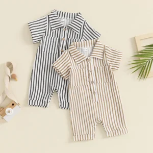 2024-05-10 Lioraitiin Summer Infant Baby Boy Striped Romper Short Sleeve Front Single-breasted Legs Jumpsuit Clothes