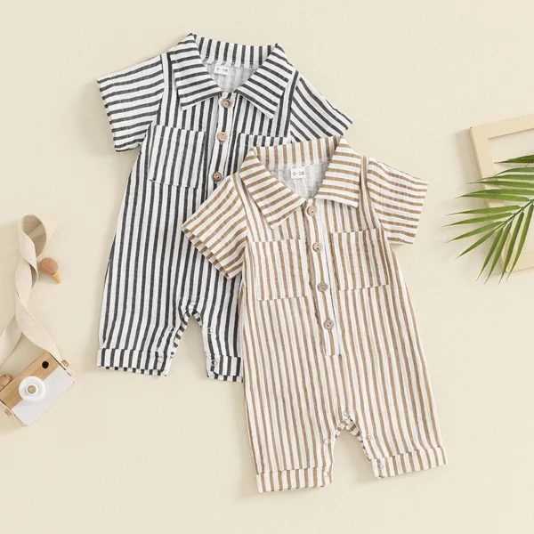 2024-05-10 Lioraitiin Summer Infant Baby Boy Striped Romper Short Sleeve Front Single-breasted Legs Jumpsuit Clothes