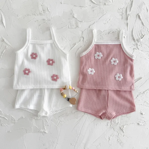 Summer Baby Clothing Pink Flower Patch Camisole Top Loose Solid Color Casual Shorts Sweet Baby Set - Image 2