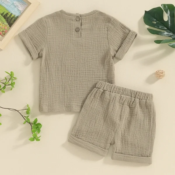 Newborn Baby Boys Summer Clothes Sets Solid Cotton Linen Pocket Short Sleeve T-shirts+Button Pocket Shorts Beach Casual Outfits - Image 3
