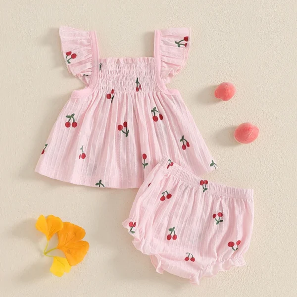 Newborn Baby Girl Clothes Set Cherry Print Smocked Fly Sleeve Babydoll Tops Elastic Waist Ruffle Shorts 2 Piece Summer Outfit - Image 3