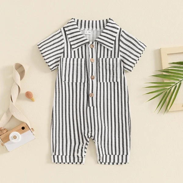 2024-05-10 Lioraitiin Summer Infant Baby Boy Striped Romper Short Sleeve Front Single-breasted Legs Jumpsuit Clothes - Image 4
