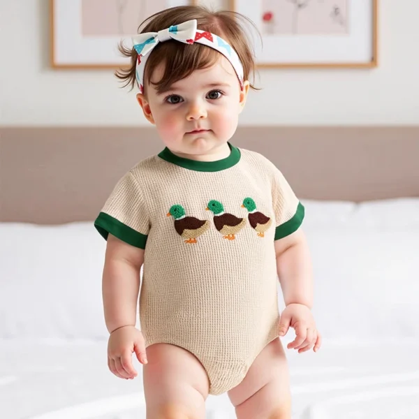 2025-01-13 Lioraitiin Newborn Baby Boys Girls Romper Short Sleeve Crew Neck Duck Embroidery Bodysuit Playsuit - Image 2