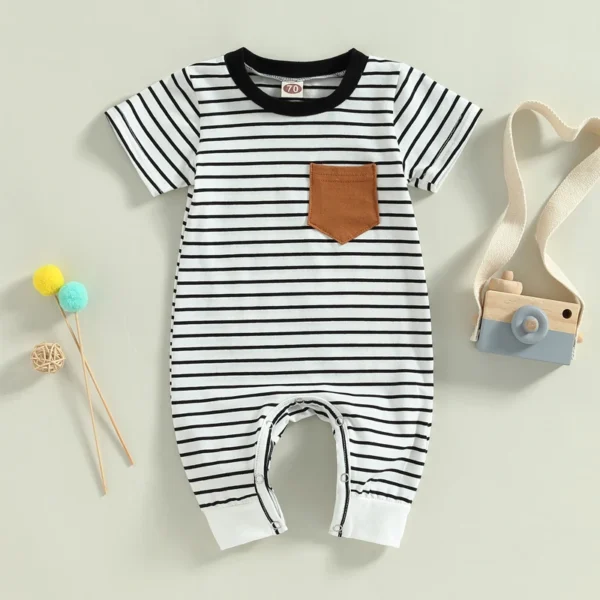 2023-02-22 Lioraitiin 0-18M Newborn Baby Boys Summer Jumpsuit Round Neck Contrast Color Short Sleeve Striped Romper - Image 2