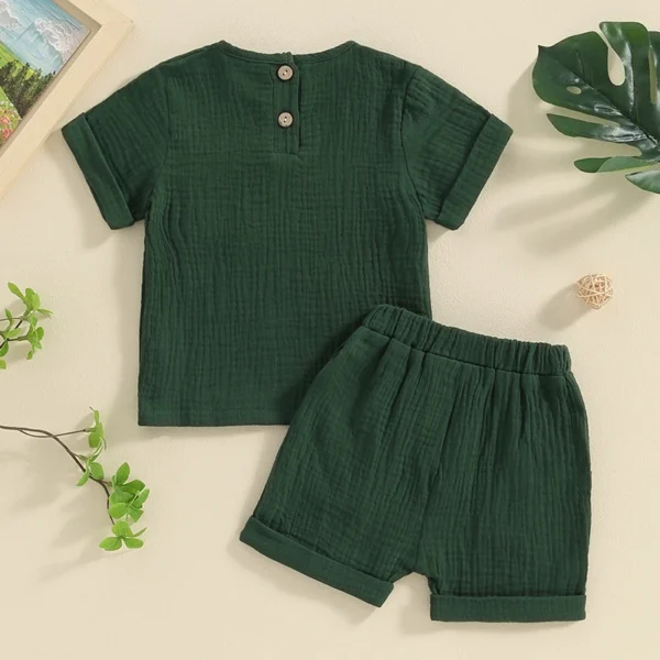 Newborn Baby Boys Summer Clothes Sets Solid Cotton Linen Pocket Short Sleeve T-shirts+Button Pocket Shorts Beach Casual Outfits - Image 5