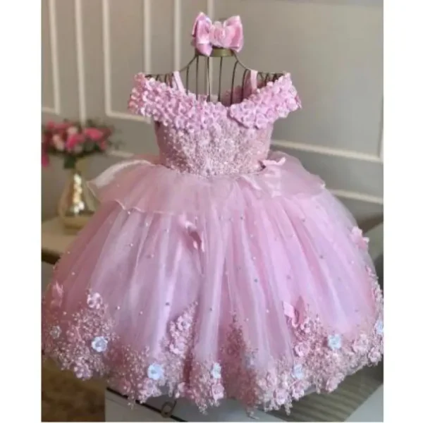 Baby Girls Dresses Off Shoulder Pearls Lace Butterflies Flower Princess Dress Infant First Birthday Party Gown Communion Gift - Image 3