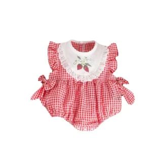Summer Baby Girls O Neck Bodysuits 0-2Y Toddler One Piece Striped Outfit Plaid Print Comfortable Cotton Clothes for Infants