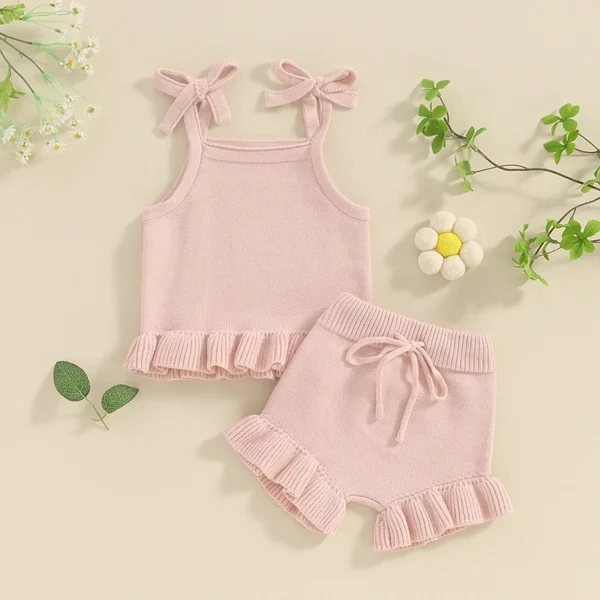 2024-01-15 Lioraitiin Newborn Baby Girl Outfits Knit Solid Color Sleeveless Cami Tops with Elastic Waist Shorts 2Pcs Clothes Set - Image 3