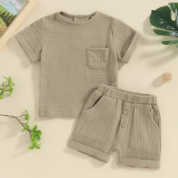 Newborn Baby Boys Summer Clothes Sets Solid Cotton Linen Pocket Short Sleeve T-shirts+Button Pocket Shorts Beach Casual Outfits - Image 2