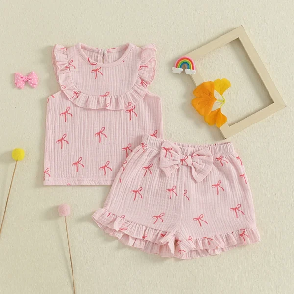 Pudcoco Baby Kids Girls Shorts Set, Bow Print Sleeveless Crew Neck Tank Top and Shorts Summer 2-piece Outfit 3M-4T - Image 2
