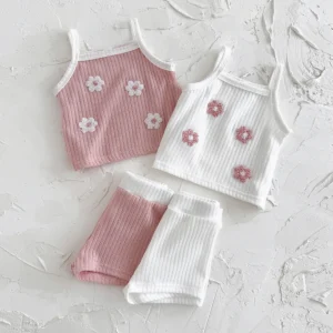 Summer Baby Clothing Pink Flower Patch Camisole Top Loose Solid Color Casual Shorts Sweet Baby Set