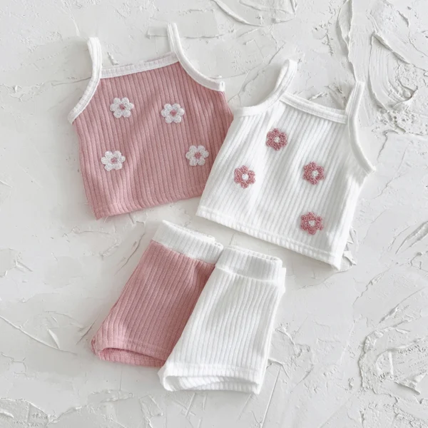 Summer Baby Clothing Pink Flower Patch Camisole Top Loose Solid Color Casual Shorts Sweet Baby Set