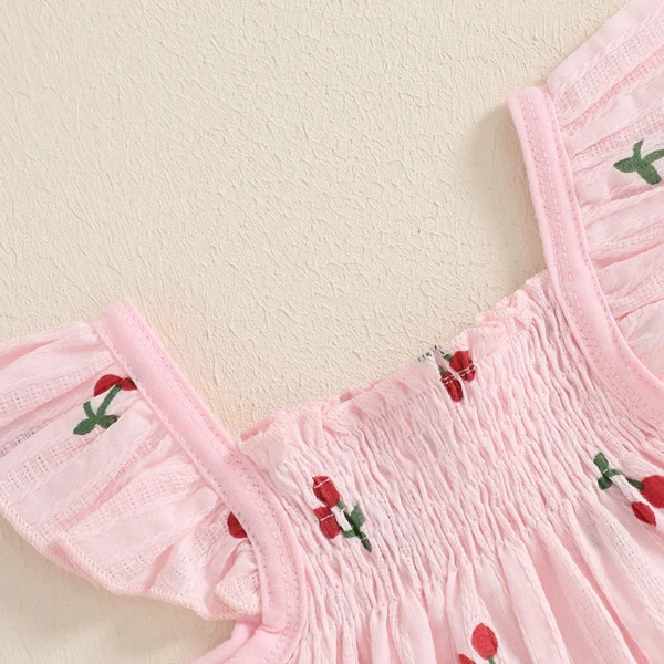 Newborn Baby Girl Clothes Set Cherry Print Smocked Fly Sleeve Babydoll Tops Elastic Waist Ruffle Shorts 2 Piece Summer Outfit - Image 4