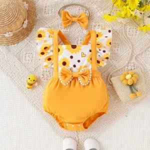 Baby girl baby casual cute floral print color blocked bow decoration triangle jumpsuit, summer (including hair accessories)