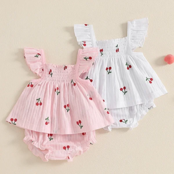 Newborn Baby Girl Clothes Set Cherry Print Smocked Fly Sleeve Babydoll Tops Elastic Waist Ruffle Shorts 2 Piece Summer Outfit