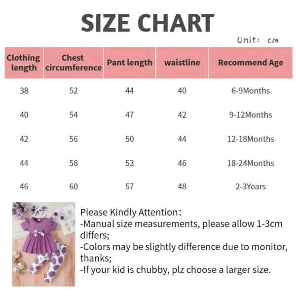 0-3 Years Baby Girl 3PCS Clothes Set Purple Short Sleeved Top+Floral Pants+Headband Fashion Toddler Girl Summer Daily Outfits - Image 6