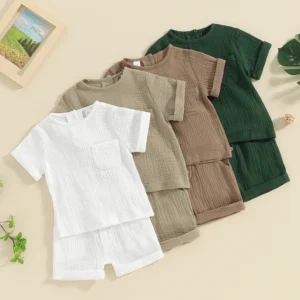 Newborn Baby Boys Summer Clothes Sets Solid Cotton Linen Pocket Short Sleeve T-shirts+Button Pocket Shorts Beach Casual Outfits
