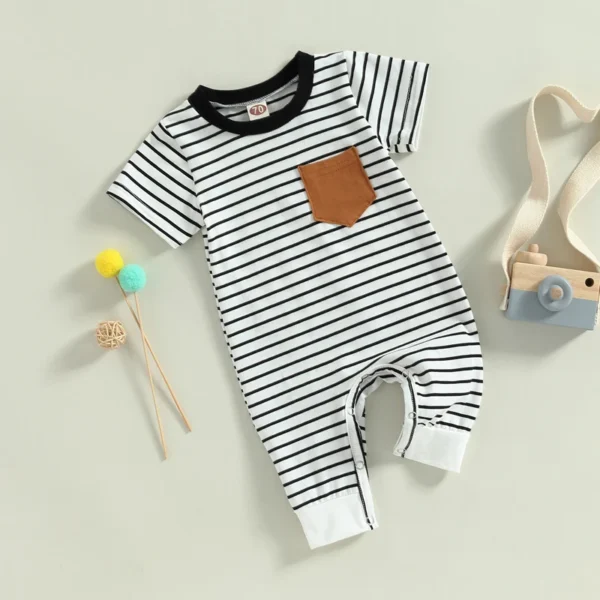 2023-02-22 Lioraitiin 0-18M Newborn Baby Boys Summer Jumpsuit Round Neck Contrast Color Short Sleeve Striped Romper - Image 4