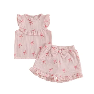 Pudcoco Baby Kids Girls Shorts Set, Bow Print Sleeveless Crew Neck Tank Top and Shorts Summer 2-piece Outfit 3M-4T