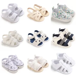 New White Summer Cartoon Print 0-18M Men's Baby Sandals With Fabric Sole Anti Slip Baby Sandals And Walking Shoes