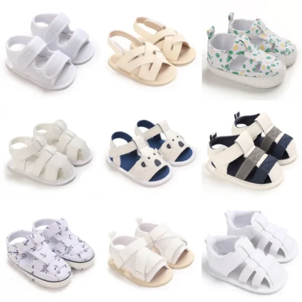 New White Summer Cartoon Print 0-18M Men's Baby Sandals With Fabric Sole Anti Slip Baby Sandals And Walking Shoes