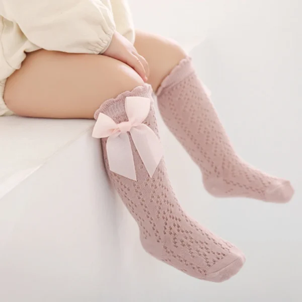 Summer Baby Girls Socks Toddler Bow Long Sock Kids Knee High Soft Cotton Mesh Stocking Spanish Style Hollow Out Lace Socks 0-3Y - Image 3