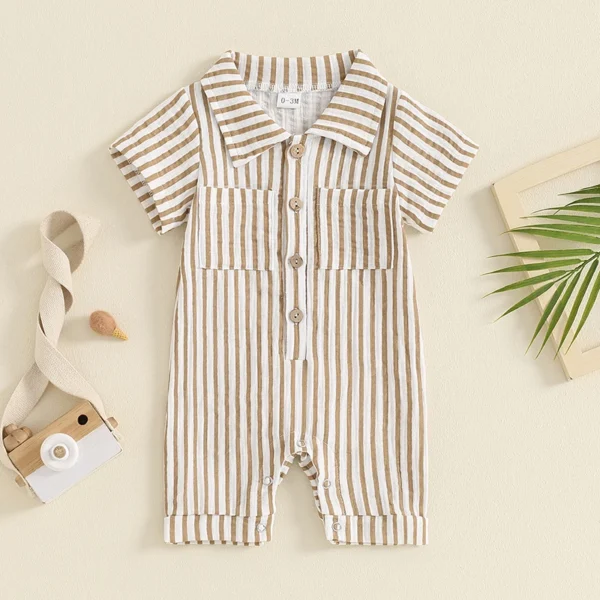 2024-05-10 Lioraitiin Summer Infant Baby Boy Striped Romper Short Sleeve Front Single-breasted Legs Jumpsuit Clothes - Image 2