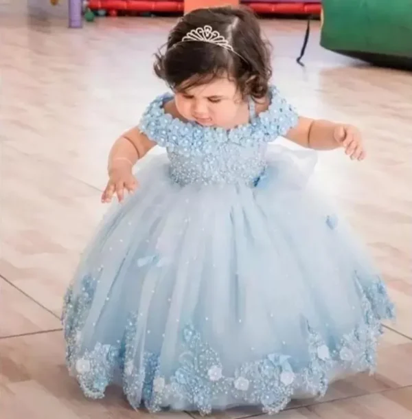 Baby Girls Dresses Off Shoulder Pearls Lace Butterflies Flower Princess Dress Infant First Birthday Party Gown Communion Gift - Image 2