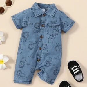 0-2 Year Old Summer New Newborn Baby Boys and Girls Flip Collar Single breasted Cartoon Little Lion Print Denim jumpsuit