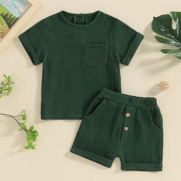 Newborn Baby Boys Summer Clothes Sets Solid Cotton Linen Pocket Short Sleeve T-shirts+Button Pocket Shorts Beach Casual Outfits - Image 4
