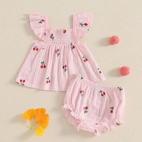 Newborn Baby Girl Clothes Set Cherry Print Smocked Fly Sleeve Babydoll Tops Elastic Waist Ruffle Shorts 2 Piece Summer Outfit - Image 2
