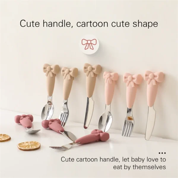 Baby Tableware Set BPA Free Silicone Bow Dish Tie Bowl Fork Food Plate Stainless Spoon Non-slip Tableware Newborn Feeding Tool - Image 2